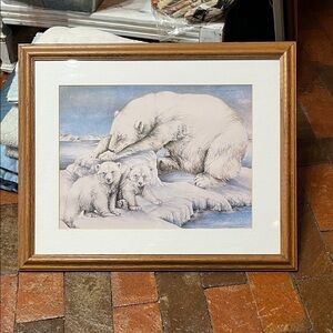 Vintage Framed Polar Bear Family Art Print dated 1989 but framed in 2000